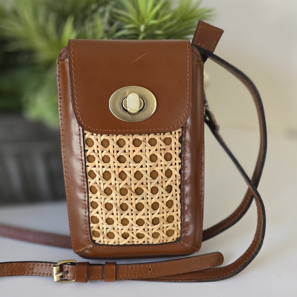 Patricia Nash Woven Rattan Cognac Leather Phone Crossbody Bag Boho Resort Summer - Picture 2 of 11